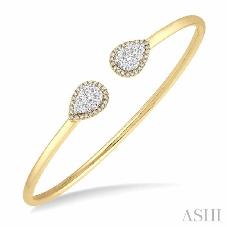 Commendable Choice Heartfelt Gesture 5/8 ctw Round Cut Lovebright Diamond Pear Shape Open Cuff Bangle in 14K Yellow and White Gold