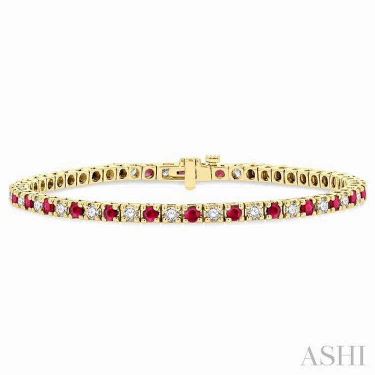 2.5 MM Ruby and 1 1/2 Ctw Round Cut Diamond Square Box Link Precious Tennis Bracelet in 14K Yellow Gold Exceptional Craft