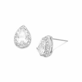 Crystal Teardrop Halo Stud Post Earrings Silver-tone Polished Pieces