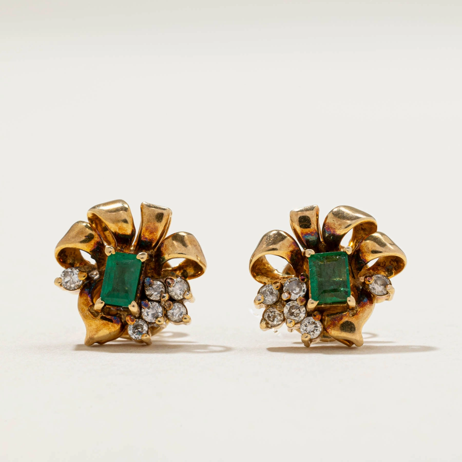 Emerald & Diamond Abstract Stud Earrings | 0.40ctw | 0.22ctw | Dainty Shine Work Friendly