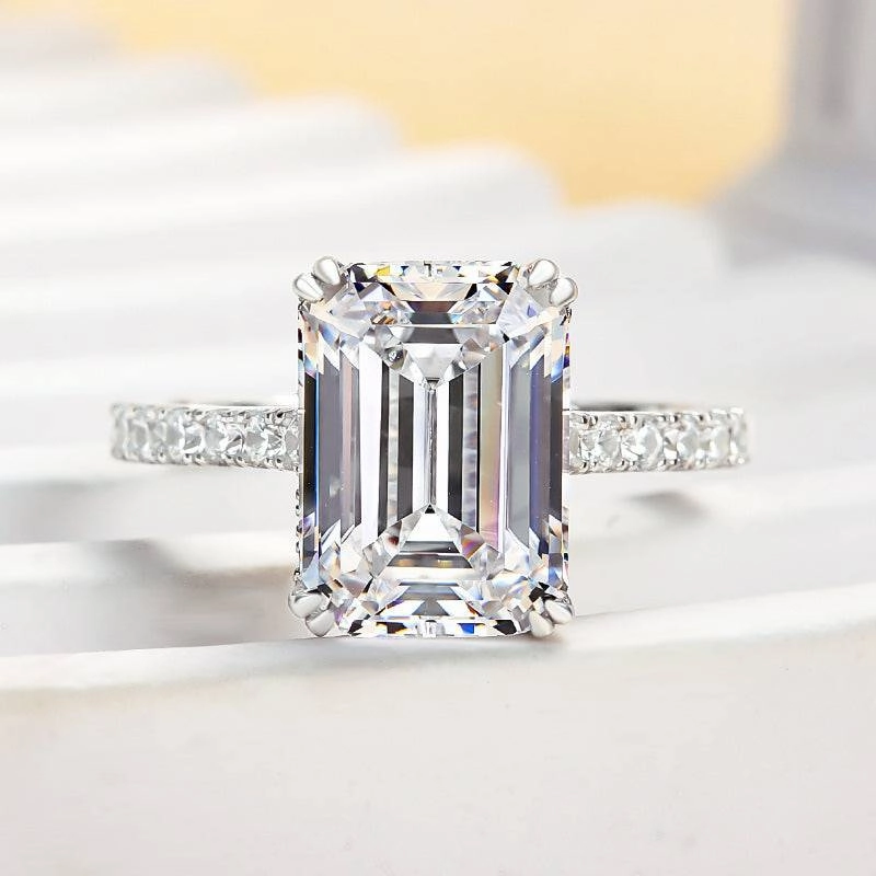 Radiant Shine Casual Chic Louily Elegant Emerald Cut Engagement Ring In Sterling Silver