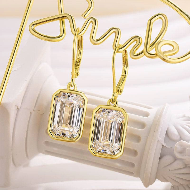 Modern Layer Louily Special Yellow Gold Bezel Emerald Cut Women's Earrings In Sterling Silver