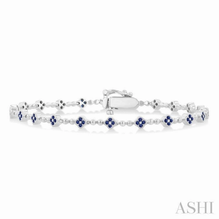 1 MM Round Cut Sapphire Clover and Bead Ball Link Precious Tennis Bracelet in 14K White Gold Wearable Art Central Focus