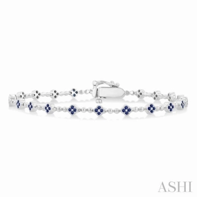1 MM Round Cut Sapphire Clover and Bead Ball Link Precious Tennis Bracelet in 14K White Gold Wearable Art Central Focus
