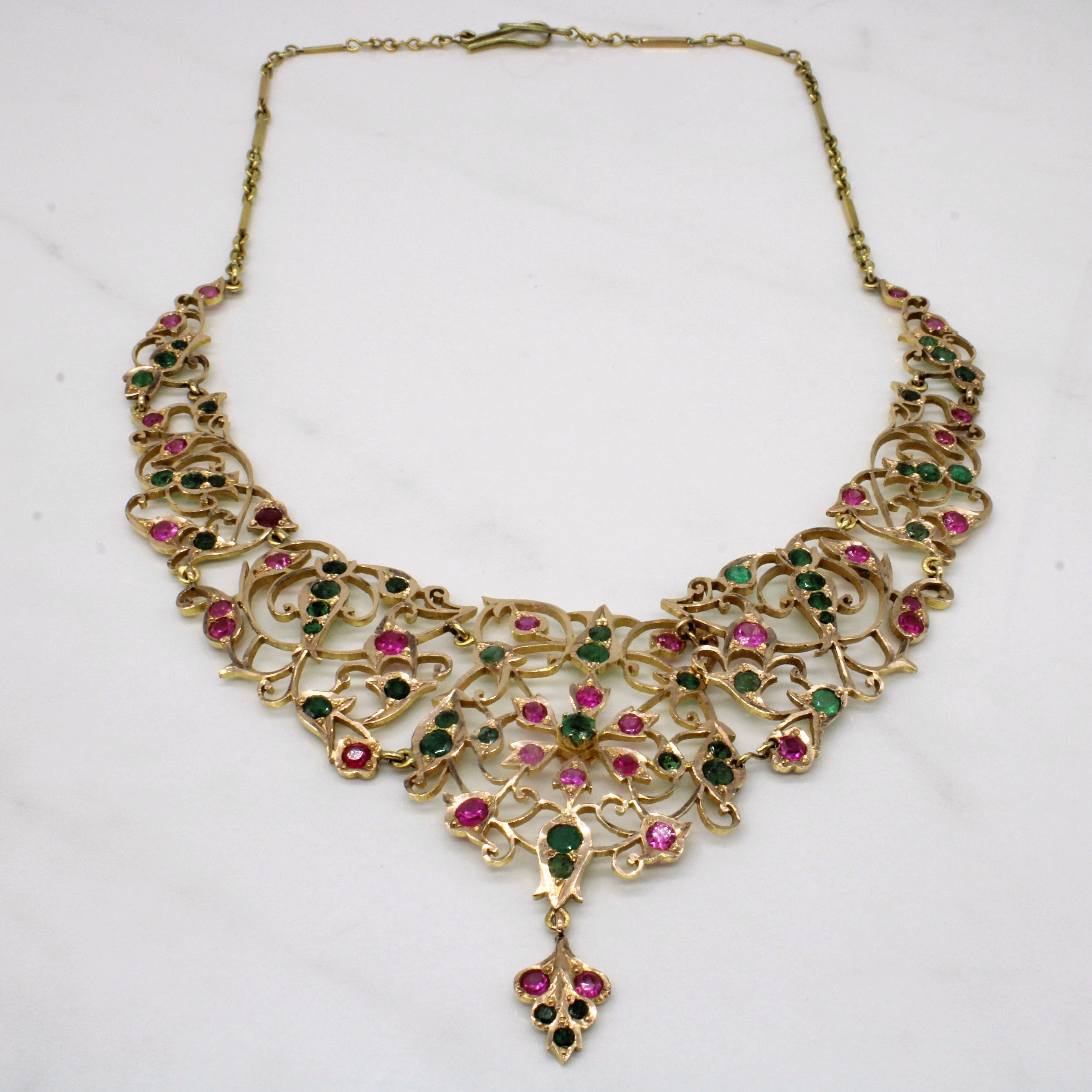Vintage Emerald & Synthetic Ruby Ornate Necklace | 5.50ctw, 6.80ctw | 20" | Artistic Accent Polished Glow