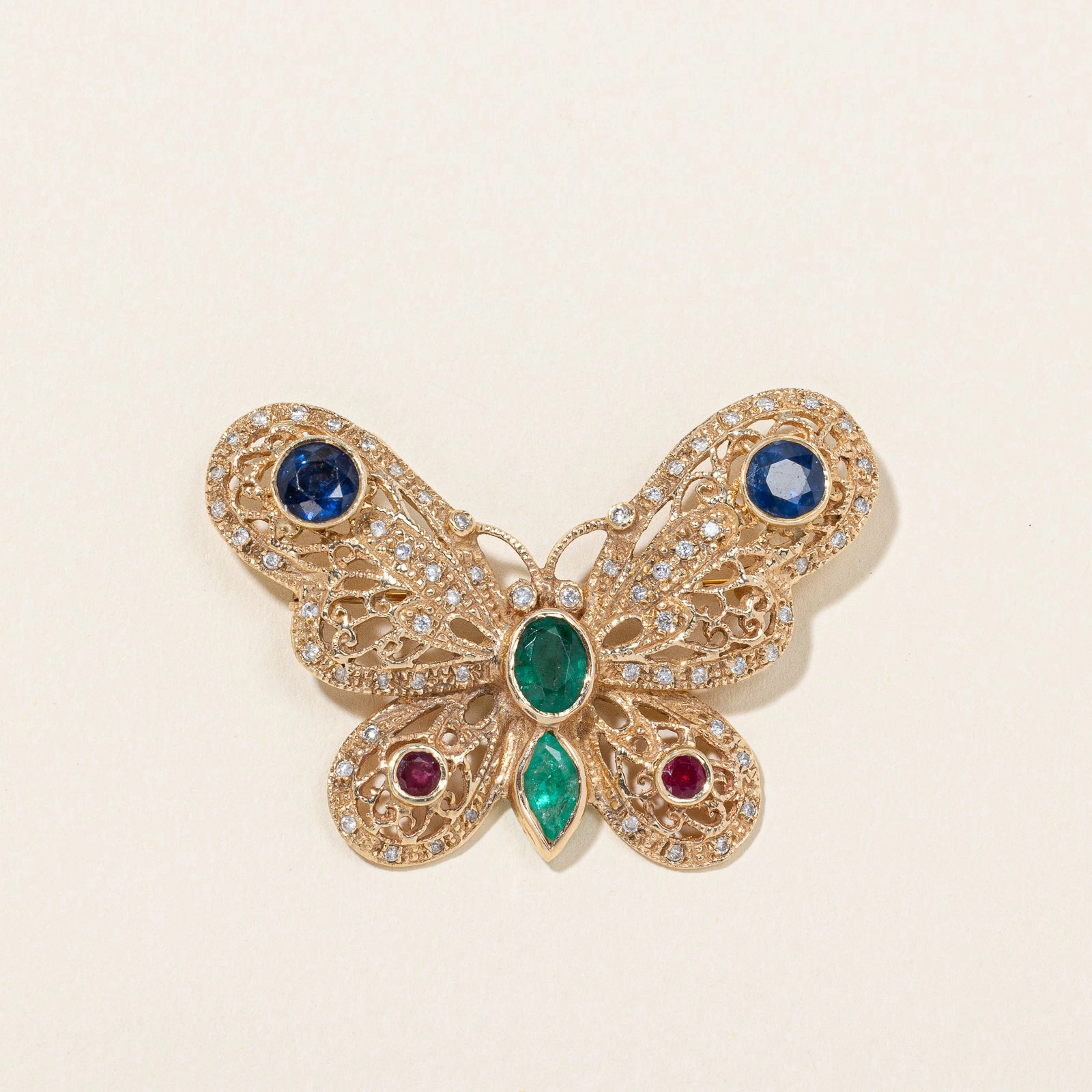 Evening Feature Chic Form 14K Yellow Gold Butterfly Motif Diamond Brooch | 3.30ctw, 0.61ctw