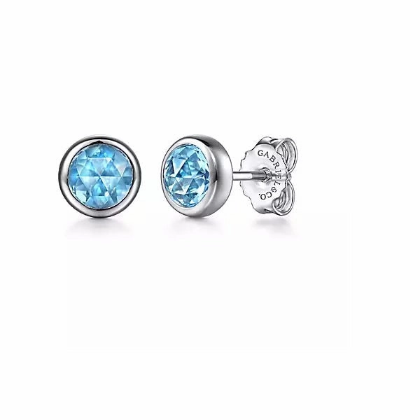 Event Jewelry Modern Classic Sterling Silver Round Blue Topaz Bezel Set Stud Earrings.
