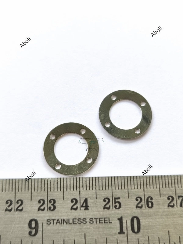 Silver disc connector with 4 holes Flat Metal donut connector Jewellery Component Glossy finish steel colour MACU17 Shine And Style