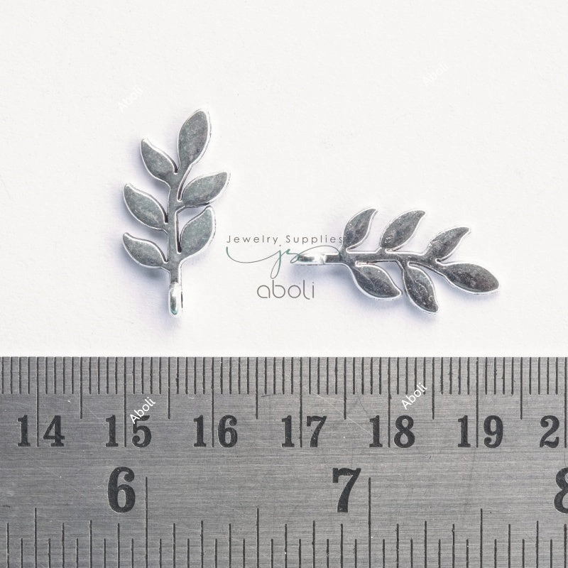 Modern Pair Shiny Details Silver leaf charm silver branch leaves charm 24 mm x 20 mm CHMS182 2 charms