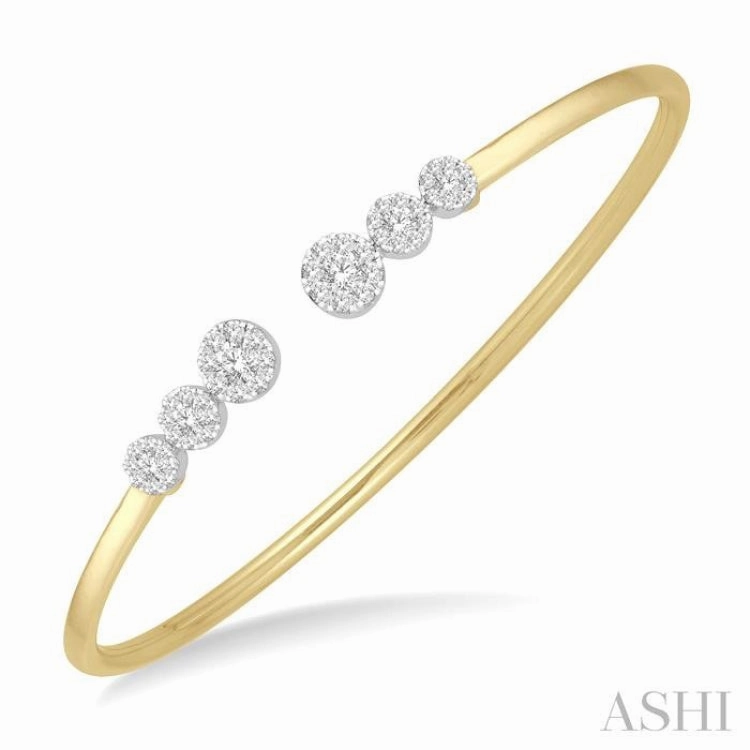 Harmonious Blend built to last 3/4 Ctw Round Cut Lovebright Diamond Open Cuff Bangle in 14K Yellow and White Gold