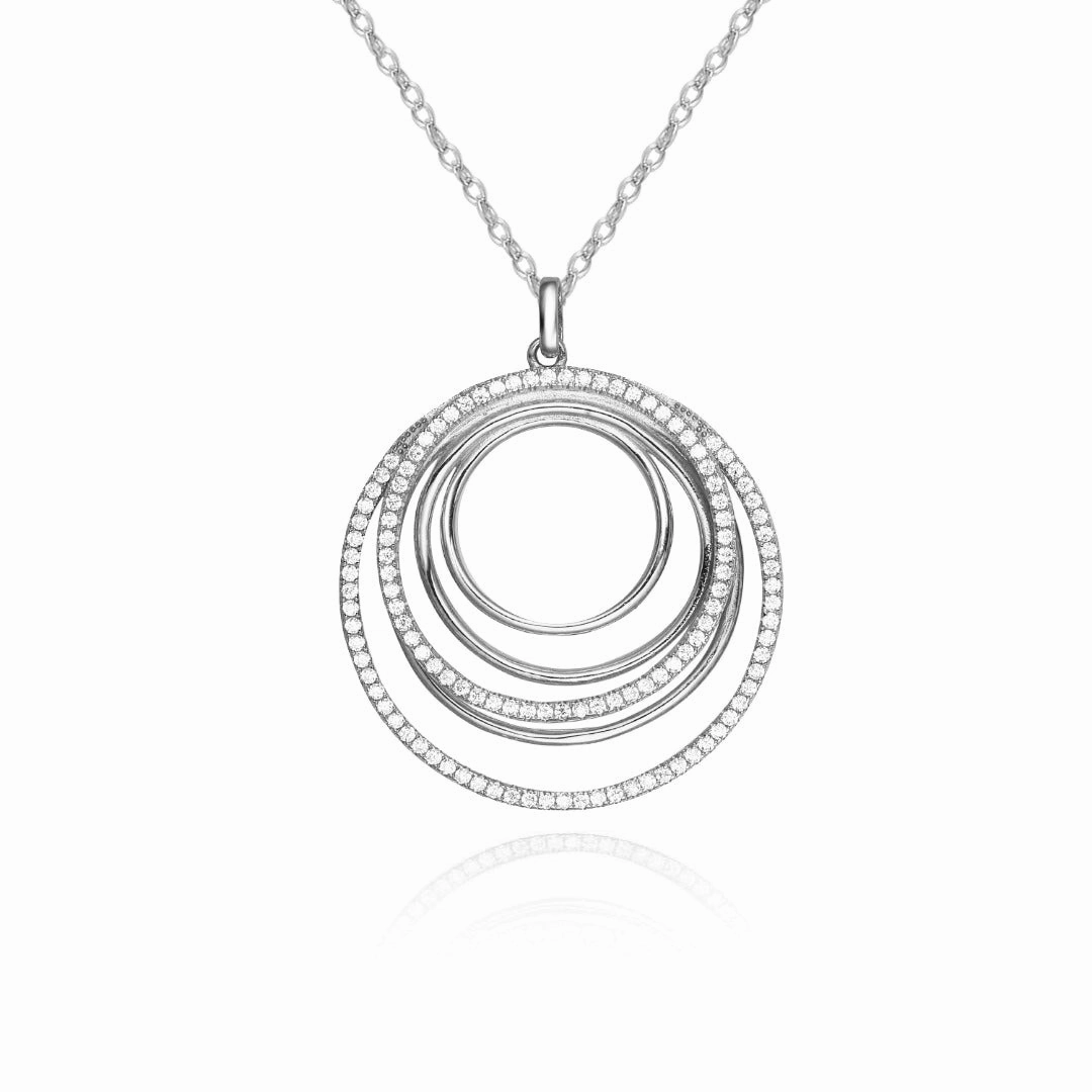 Retro Inspired Clean Lines Sterling Silver Circles With CZ's Pendant Necklace