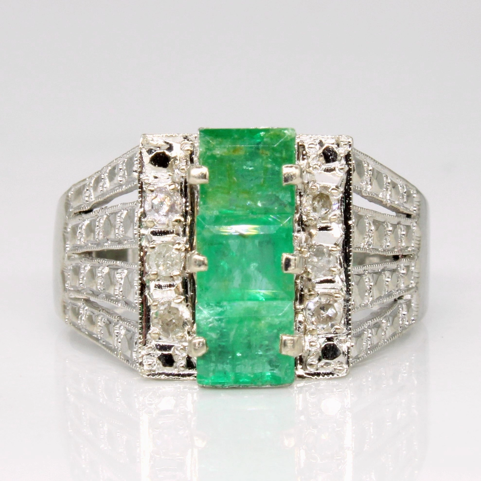 Emerald & Diamond Cocktail Ring | 1.05ctw, 0.12ctw | SZ 7.75 | Unique Accent Festive Wear