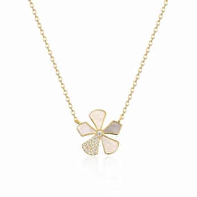 Vibrant Jewelry Shine Sterling Silver Gold Plated Mother of Pearl And CZ Five Petal Flowers Necklace