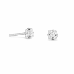 Small 3mm Square Cubic Zirconia CZ Stud Earrings Mens Sterling Silver Artisan Finish Exquisite Accent