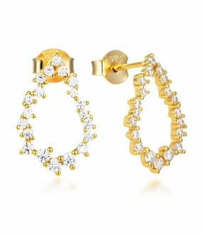 Sterling Silver Small Sprinkled CZ Teardrop Earrings on Post Structured Accent Radiant Edge