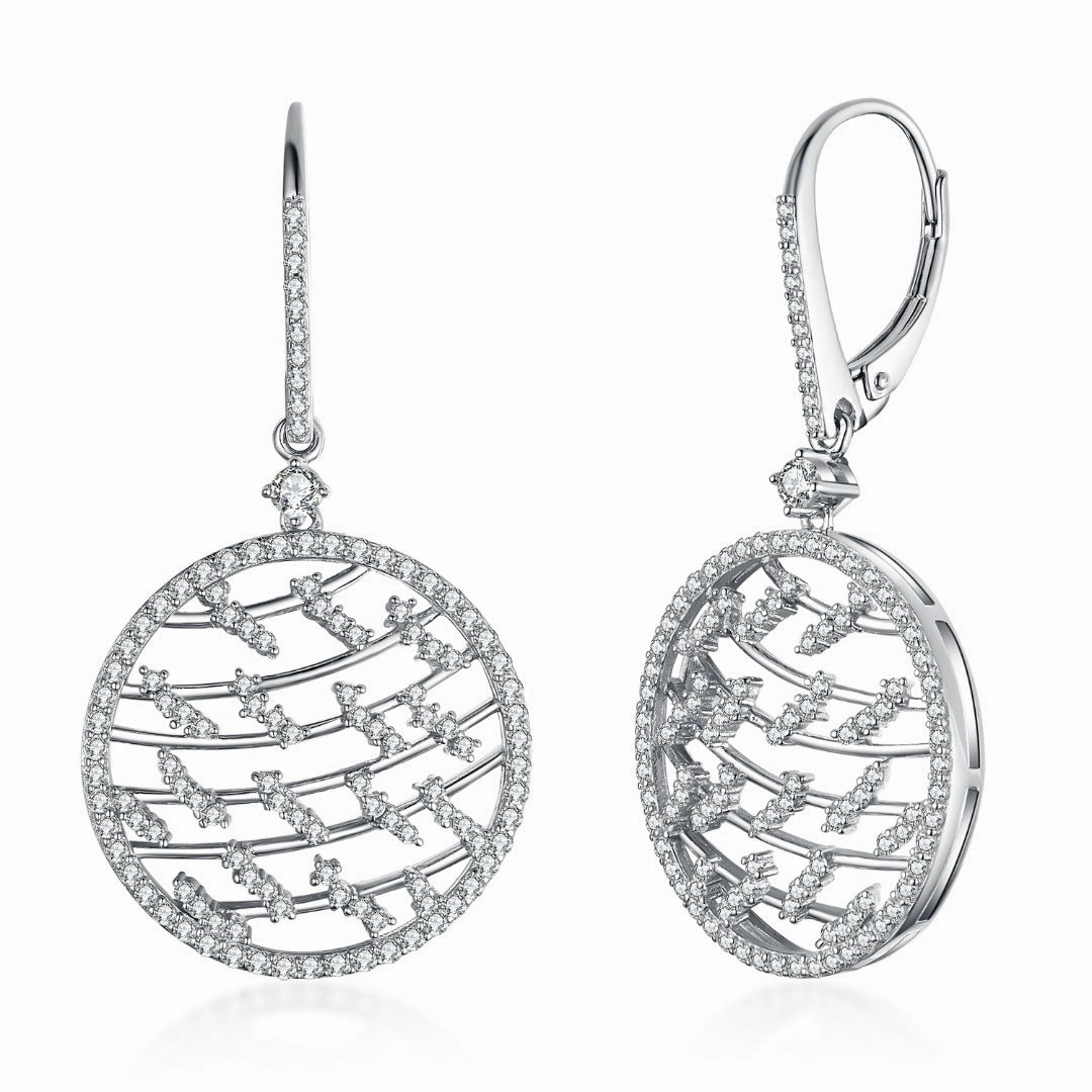 Sterling Silver Outlined CZ Circle And Floating CZ Bars Earring bright light