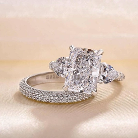 Chic Contour Fall Mood Louily Luxurious Radiant Cut & Heart Cut Three Stone Wedding Set In Sterling Silver