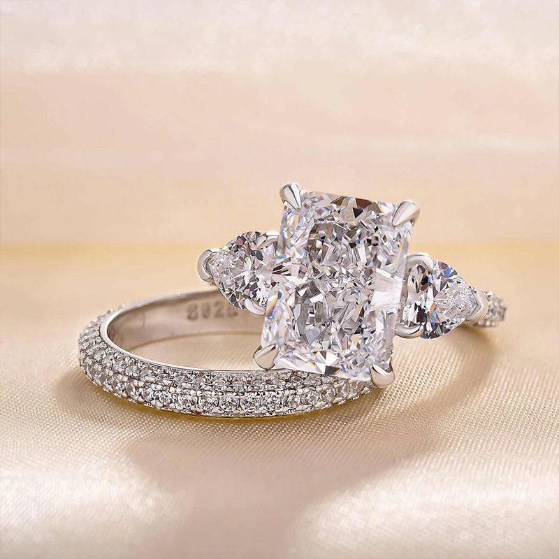 Chic Contour Fall Mood Louily Luxurious Radiant Cut & Heart Cut Three Stone Wedding Set In Sterling Silver
