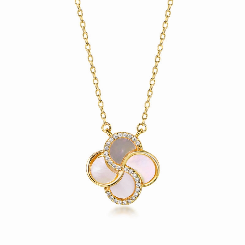 Gold Plated Sterling Silver Mother of Pearl with CZ Clover Necklace Smooth Texture