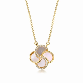Gold Plated Sterling Silver Mother of Pearl with CZ Clover Necklace Smooth Texture