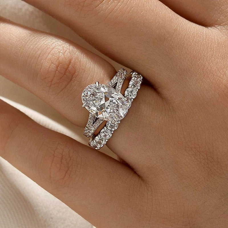 Evening Shine Contemporary Feel 4.0Ct Oval Cut Split Shank Wedding Ring Set With Eternity Wedding Band