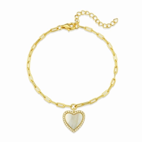 Luxury Vibe Gold Plated Sterling Silver Mother Of Pearl Heart On Paperclip Chain Bracelet