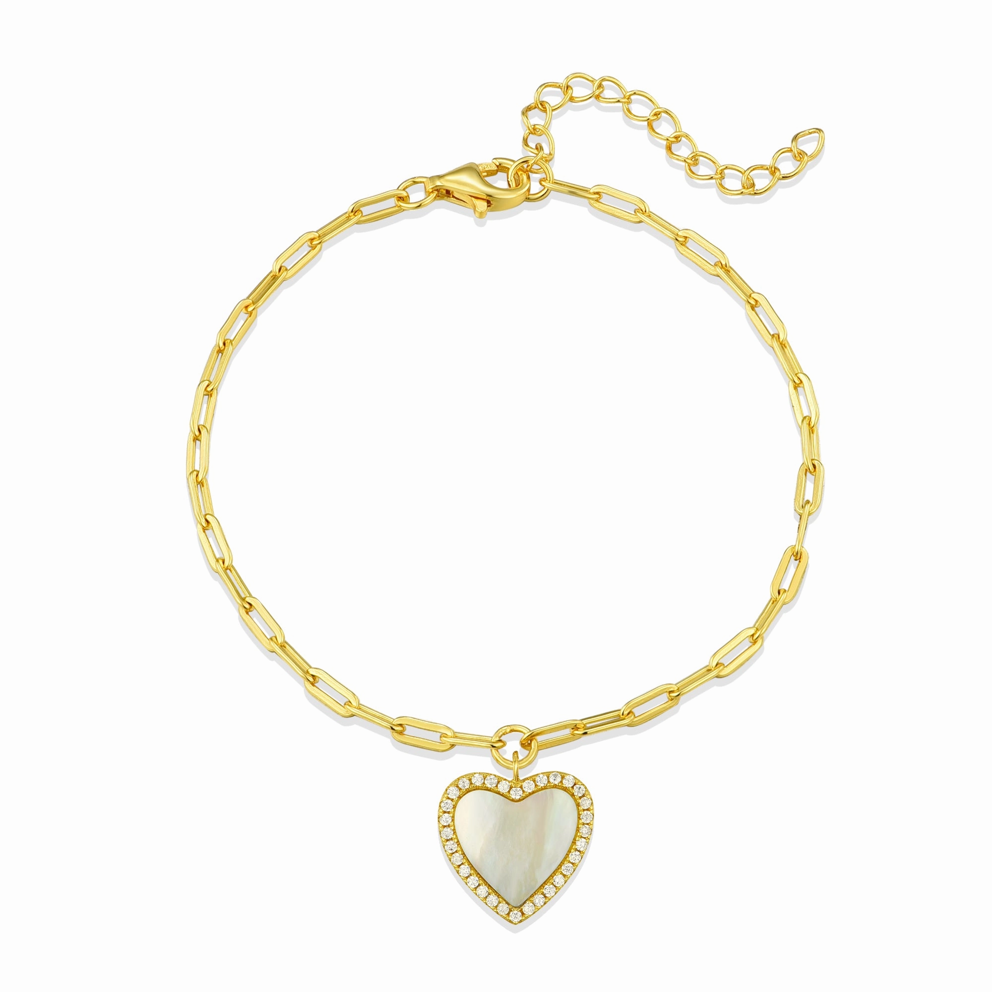Luxury Vibe Gold Plated Sterling Silver Mother Of Pearl Heart On Paperclip Chain Bracelet