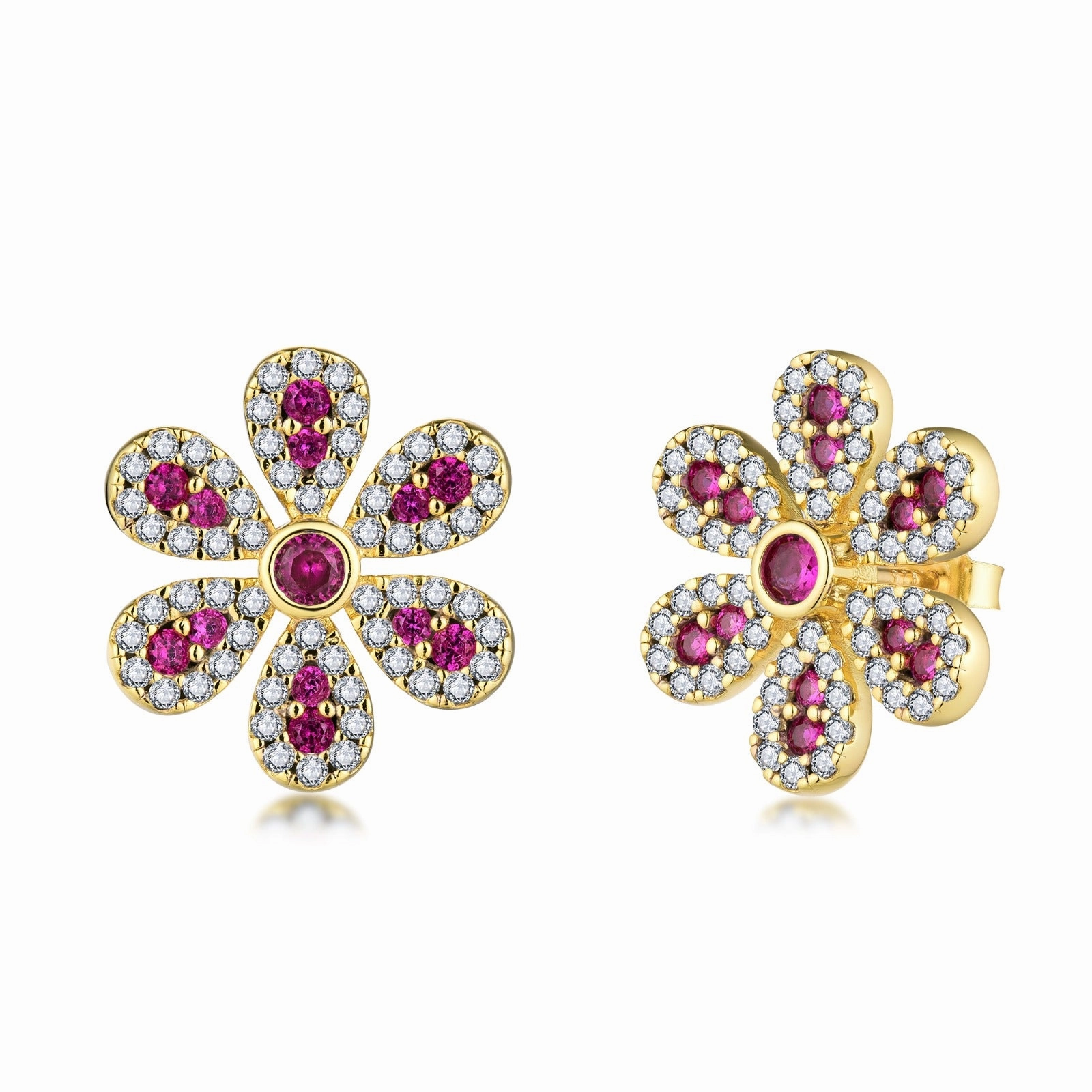 Sterling Silver Clear With Ruby or Sapphire CZ Flower Stud Earring Simple Glow