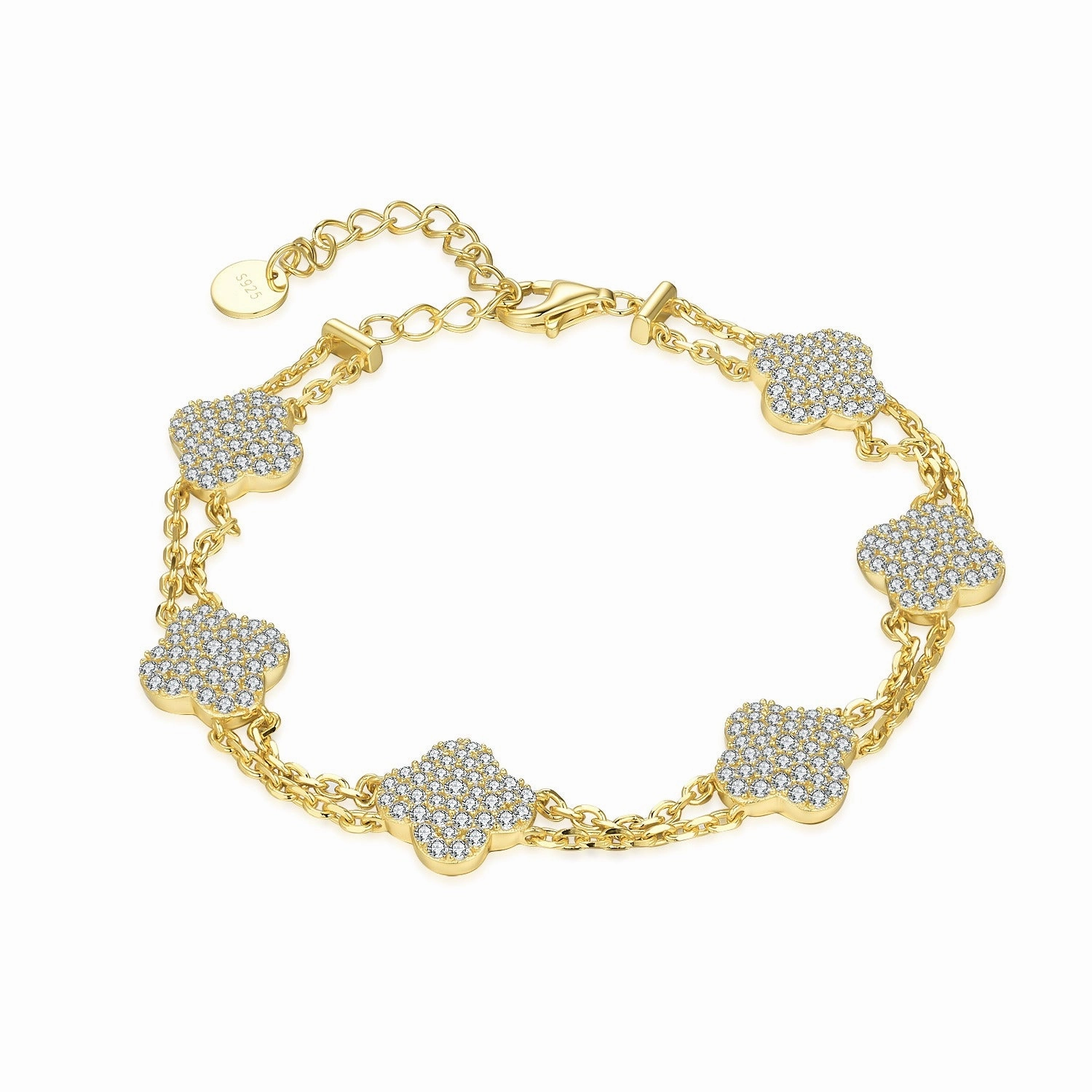 Gold Plated Sterling Silver Double Strand CZ Clover Bracelet Vibrant Spark Sleek Detailing