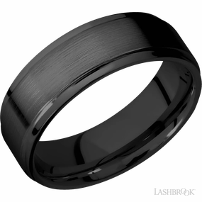 Grooved Edges Black Zirconium Flat Wedding Band 7mm Wide Luxury Finish