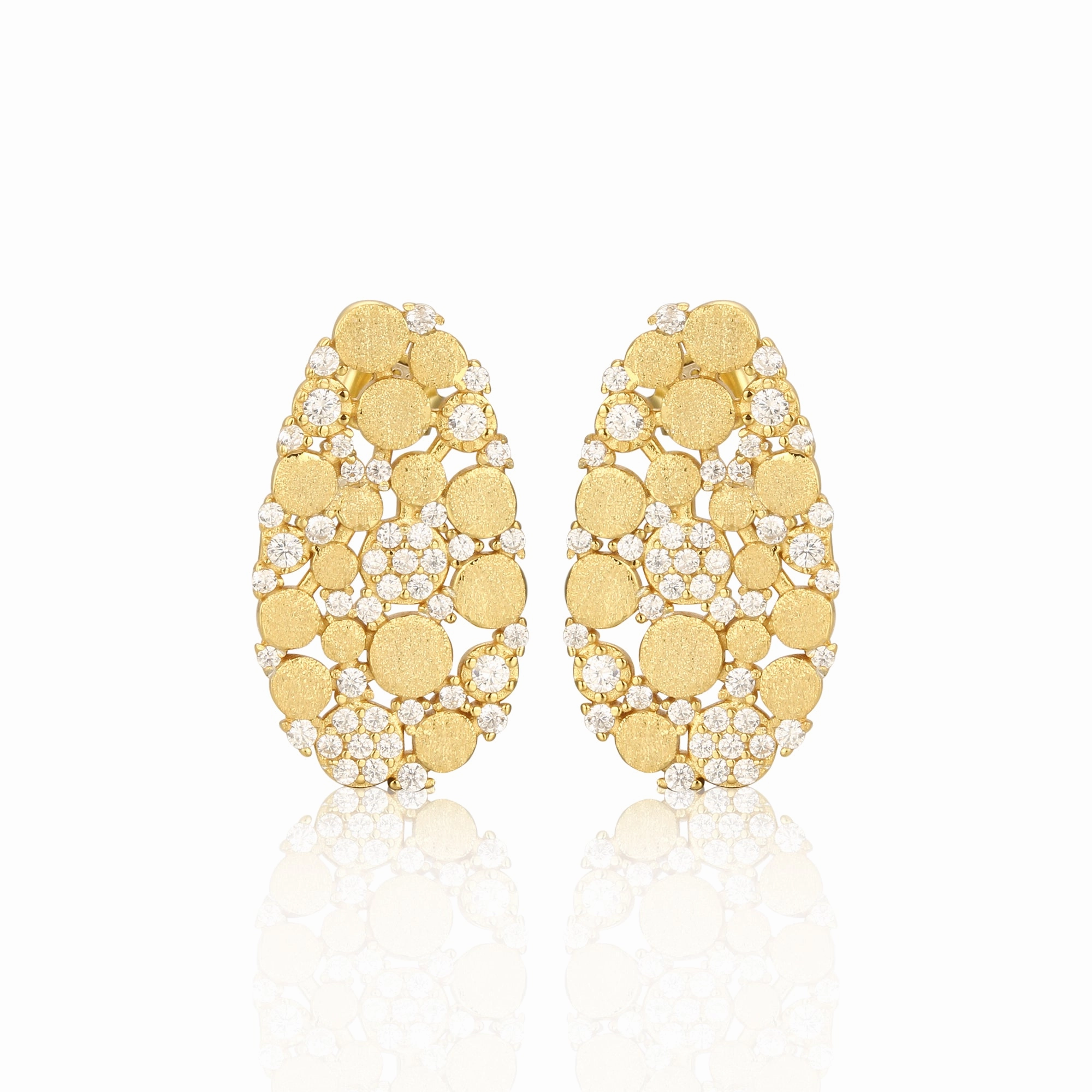 Sterling Silver Brushed Gold Plated Oval With CZ Stud Earrings Festive Set