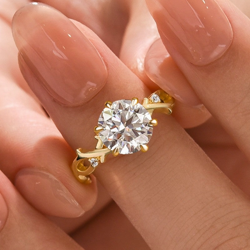 Moissanite 2.0 Ct Twig 6 Prong Round Cut Twist Yellow Gold Engagement Ring Unique Shape