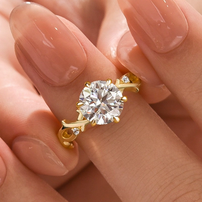 Moissanite 2.0 Ct Twig 6 Prong Round Cut Twist Yellow Gold Engagement Ring Opulent Accent Timeless Treasures