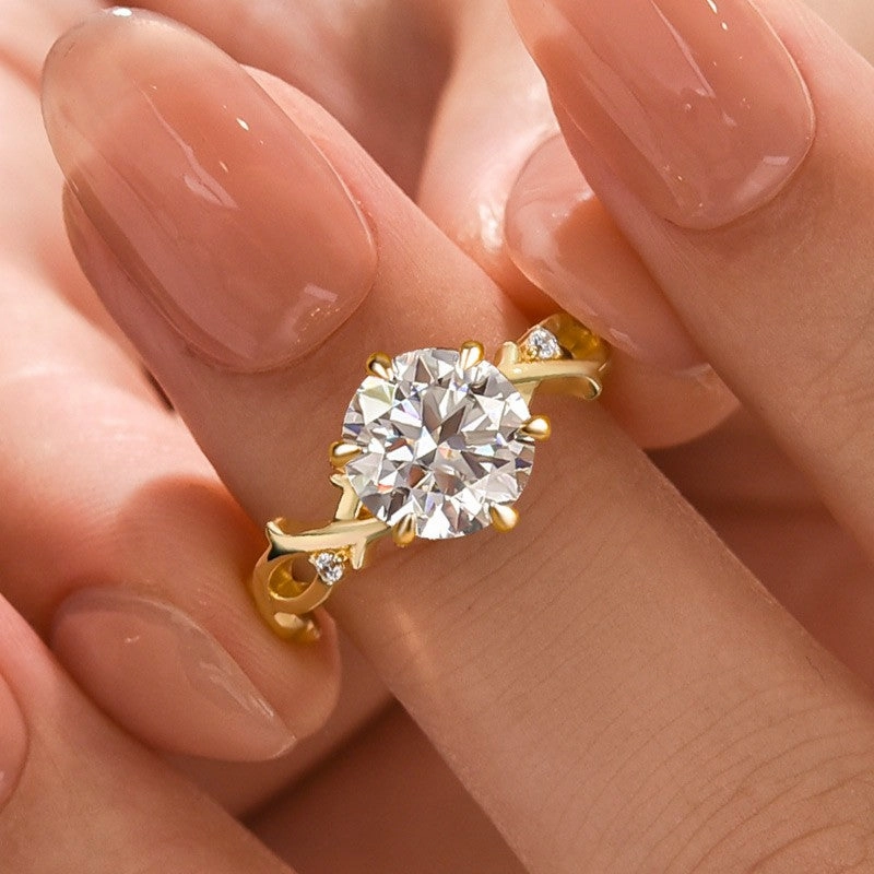 Minimal Fashion Graceful Edge Moissanite 2.0 Ct Twig 6 Prong Round Cut Twist Yellow Gold Engagement Ring