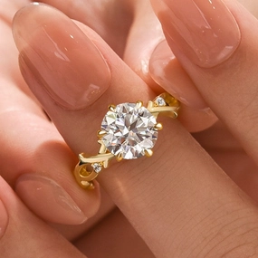 Moissanite 2.0 Ct Twig 6 Prong Round Cut Twist Yellow Gold Engagement Ring Glistening Finish