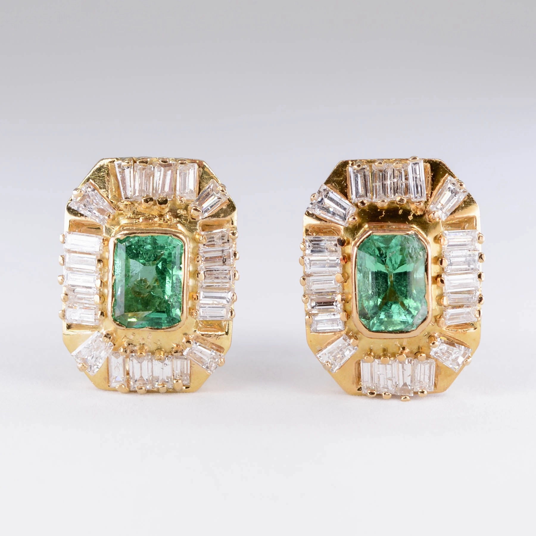 Quiet Glow Emerald & Baguette Diamond Halo Earrings | 2.50ctw, 2.1ctw