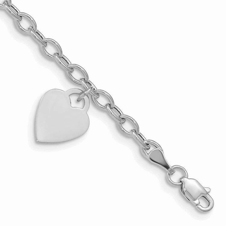 Uniform Standard 14k White Gold Engravable 14x10mm Solid Dangle Heart Charm and Hollow Chain 8.5 inch Bracelet
