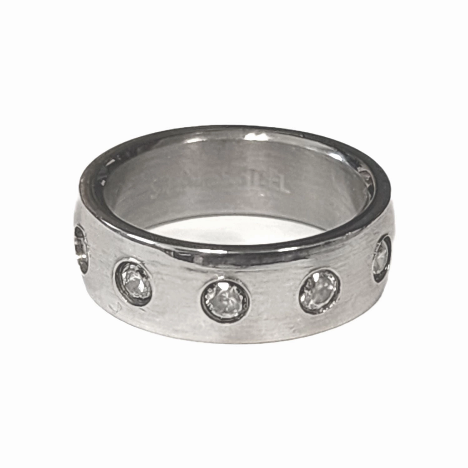 Stainless Steel Band Ring with Cubic Zirconia Accents Linear Form