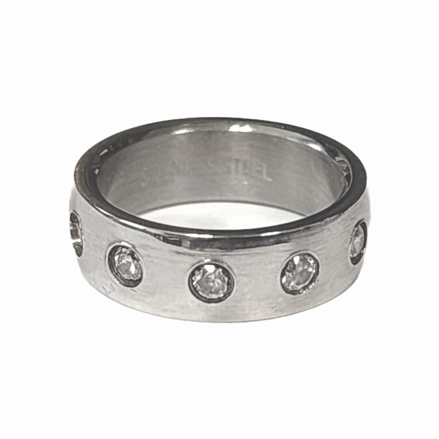 Timeless Pieces Stainless Steel Band Ring with Cubic Zirconia Accents