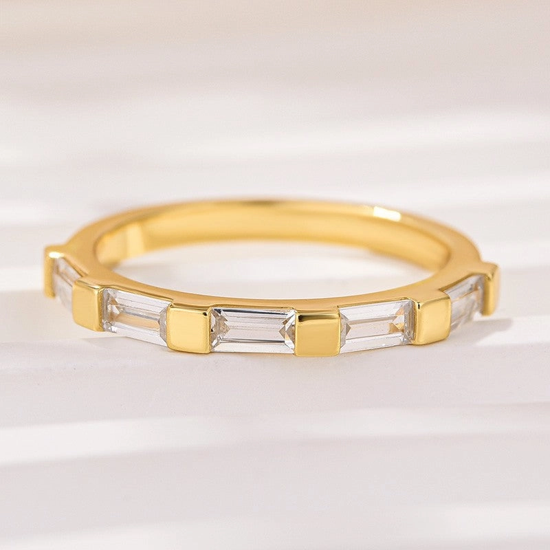 Bold Texture Autumn Style Noble Emerald Cut Yellow Gold Half Wedding Band In Sterling Silver