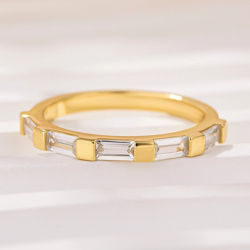 Noble Emerald Cut Yellow Gold Half Wedding Band In Sterling Silver Everyday Gift