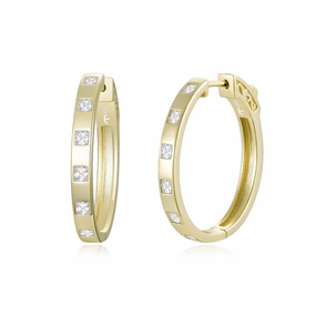 Smooth Lines Delicate Touch Sterling Silver 1.25" Oval Inlaid Princess Cut CZ Hoop Earrings