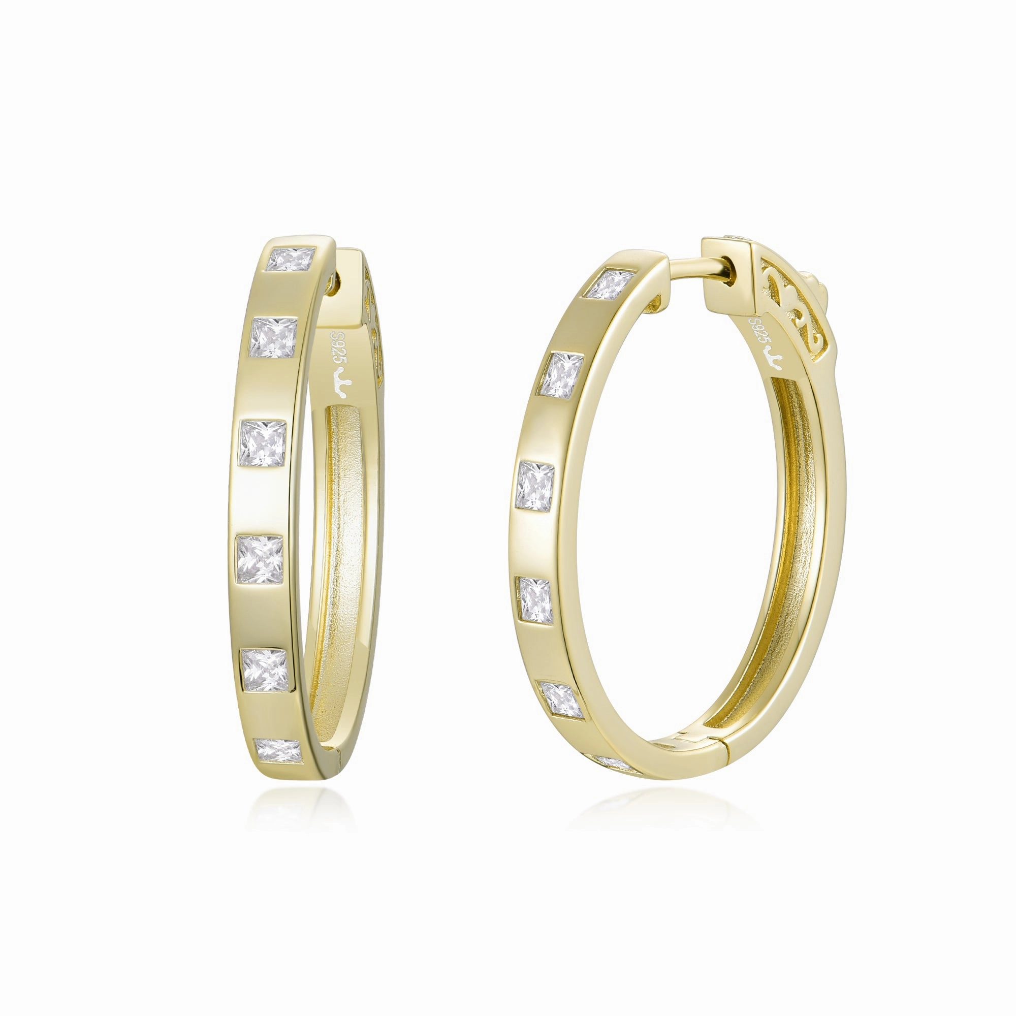 Smooth Lines Delicate Touch Sterling Silver 1.25" Oval Inlaid Princess Cut CZ Hoop Earrings