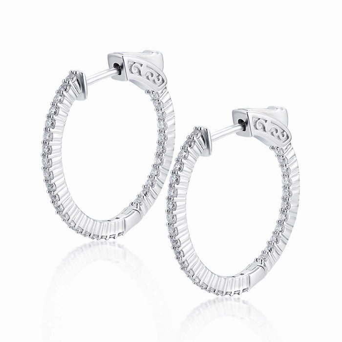 Sleek Shape Sterling Silver 25mm Round CZ Hoop Earrings with 1.5mm CZs