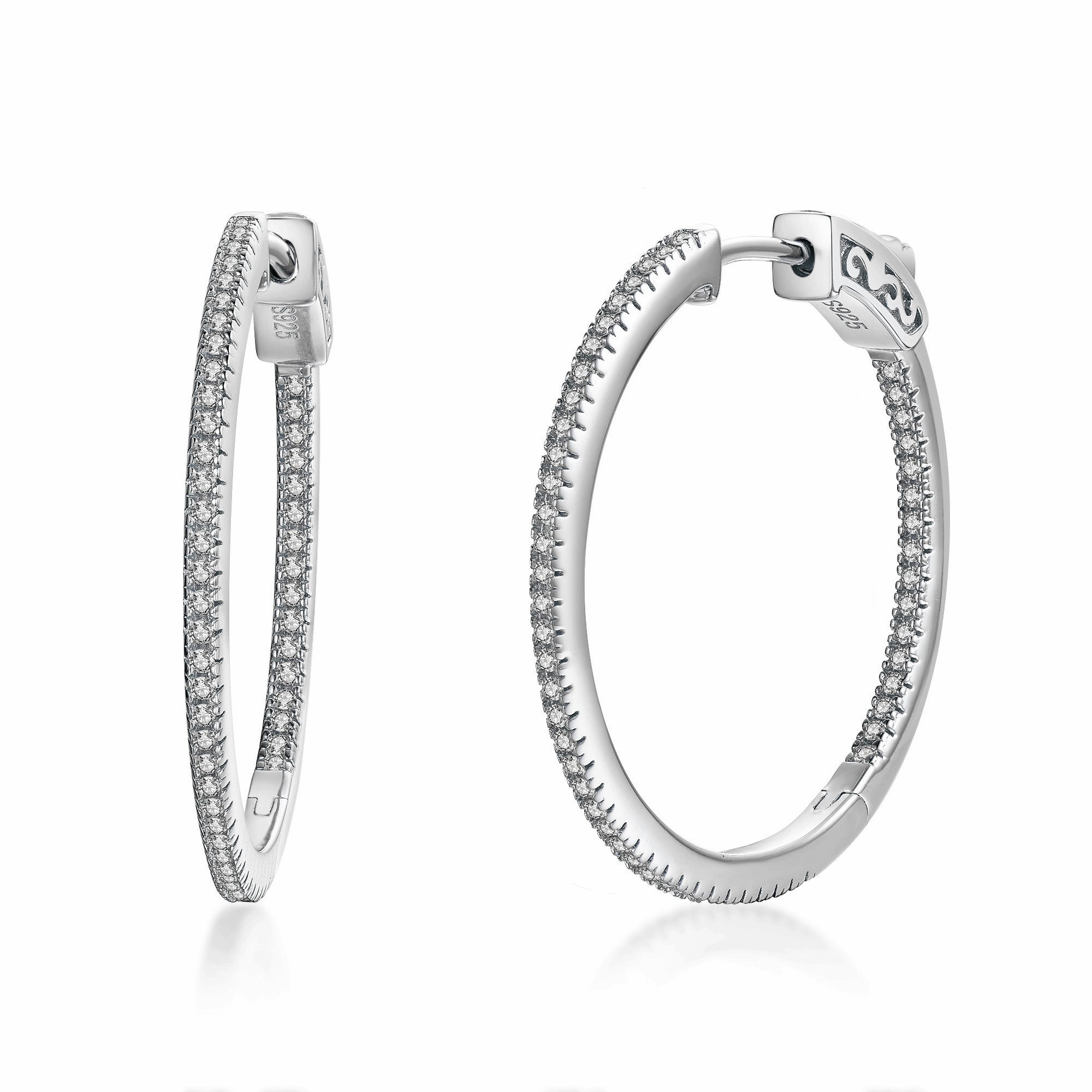 Sterling Silver 30mm Round CZ Hoop Earrings with 1mm CZs Polished Glow Fresh Statement