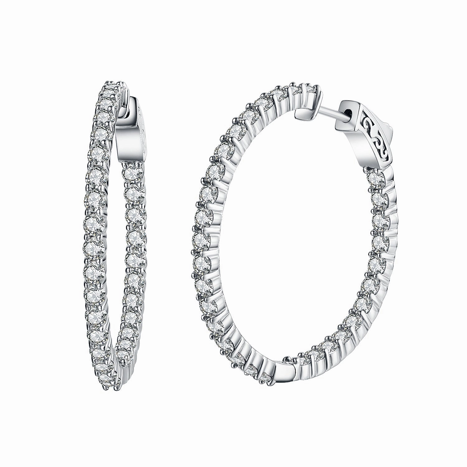 Chic Craft Timeless Highlight Sterling Silver 35mm Round CZ Hoop Earrings with 2.5mm CZs