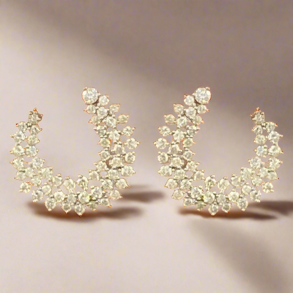 Sterling Silver 3 Row Sprinkled CZ C Shaped Side Hoop Earrings Expressive Style Silk Finish