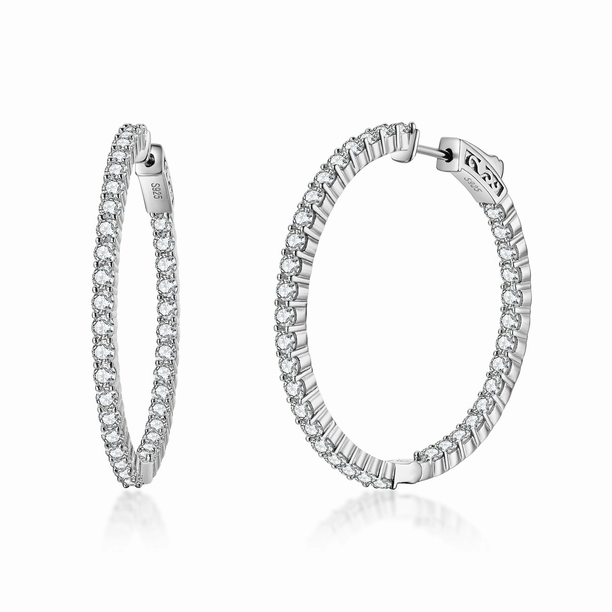Sterling Silver 40mm Round CZ Hoop Earrings with 2.5mm CZs Chic Form