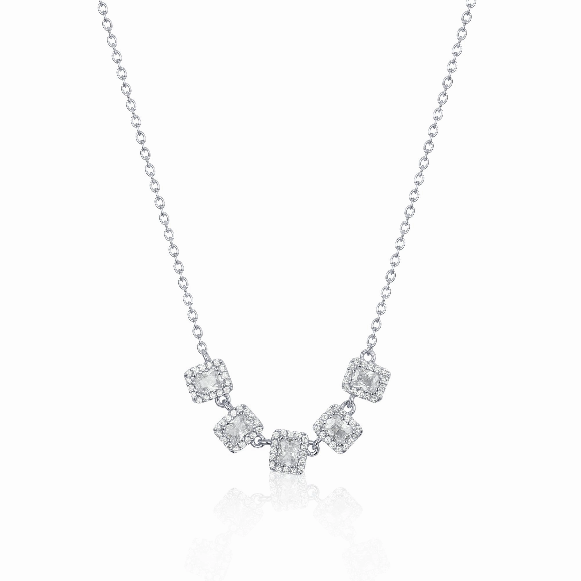 Sterling Silver 5 Halo Emerald Cut Stone Bar Necklace Bold Touch Gift Idea