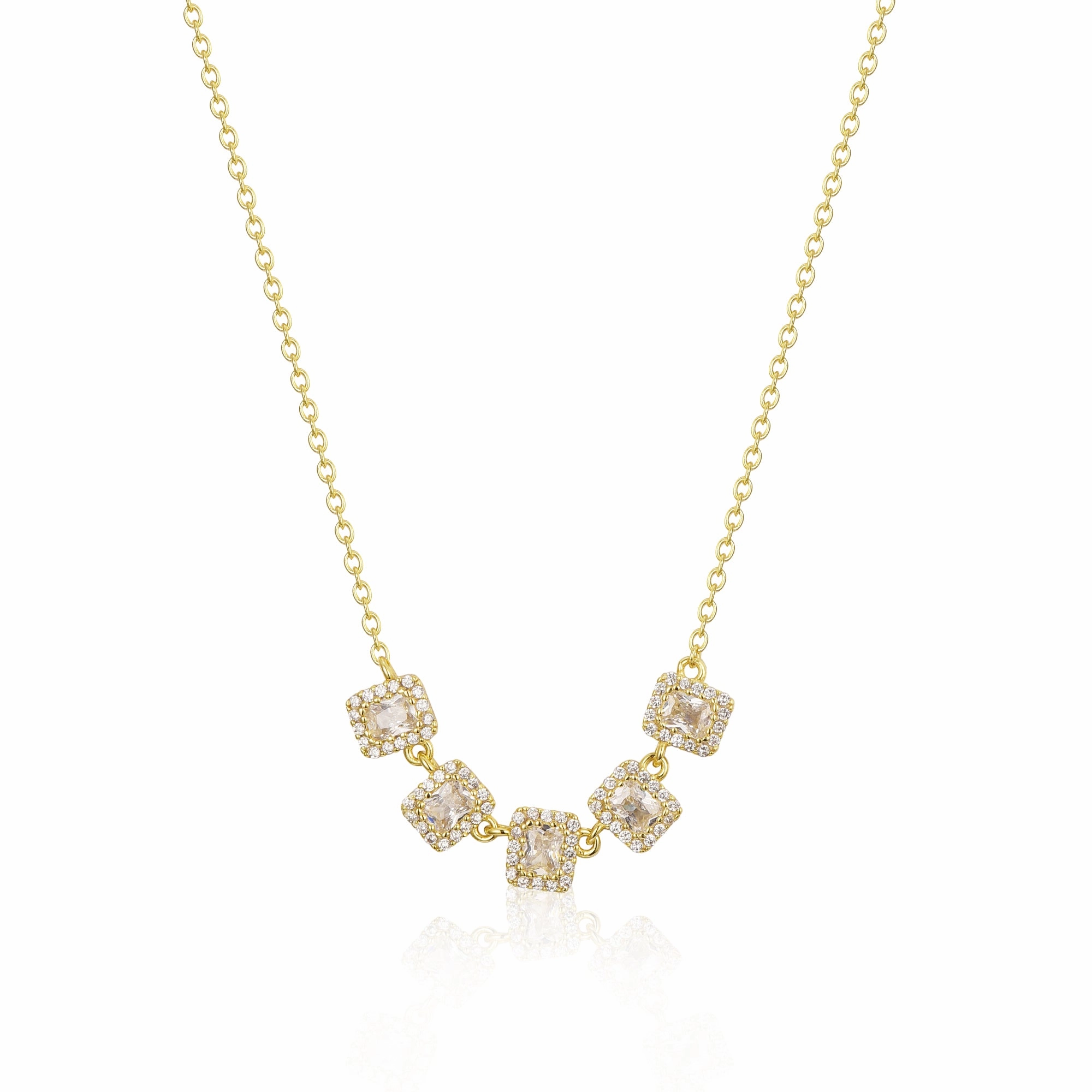 Elegant Gem Lustrous Feature Sterling Silver 5 Halo Emerald Cut Stone Bar Necklace